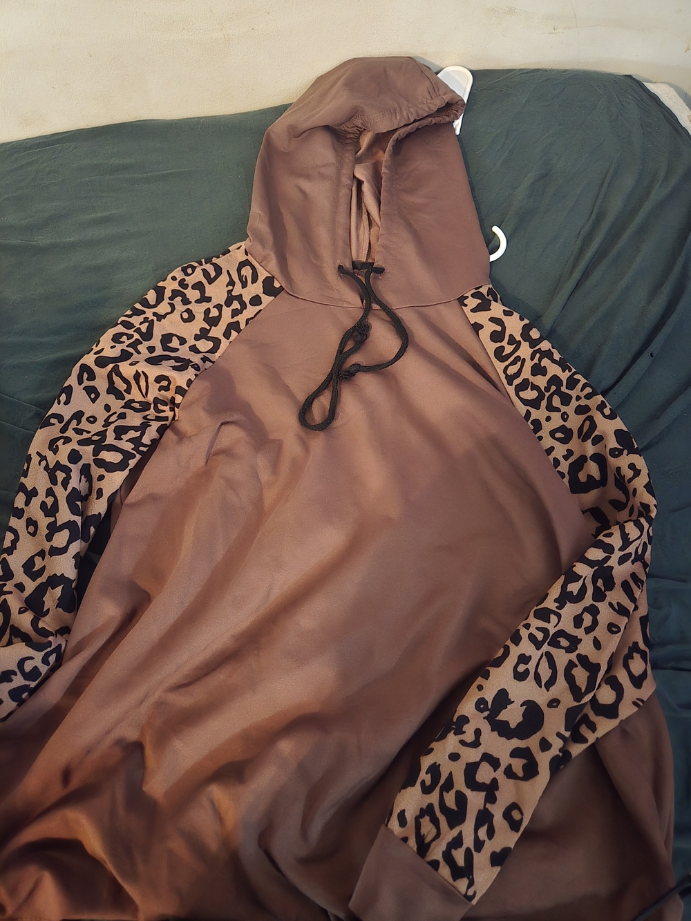 Brown Hoodie with Leopard Print  Sleeves